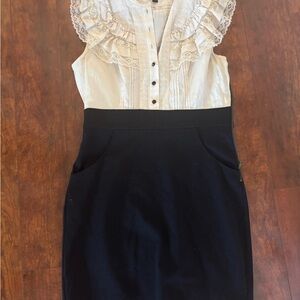 bebe White Lace Ruffle Sheath Dress Sleeveless Black Skirt Zip M